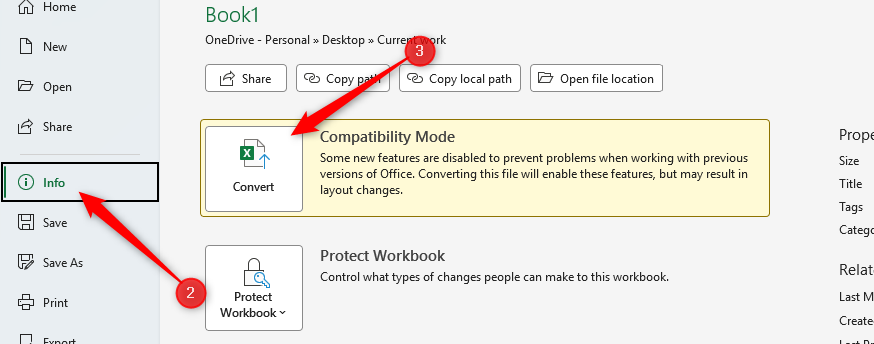 The Info menu open in Excel's File menu, and Convert selectdd to switch the file to a modern version.