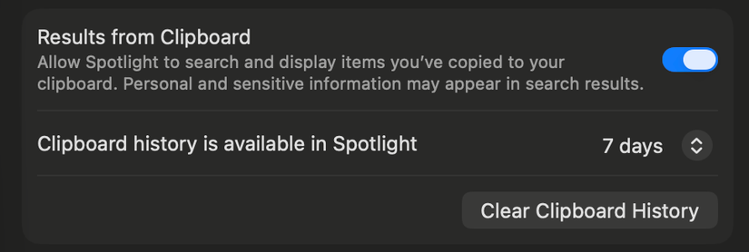 The macOS clipboard settings.