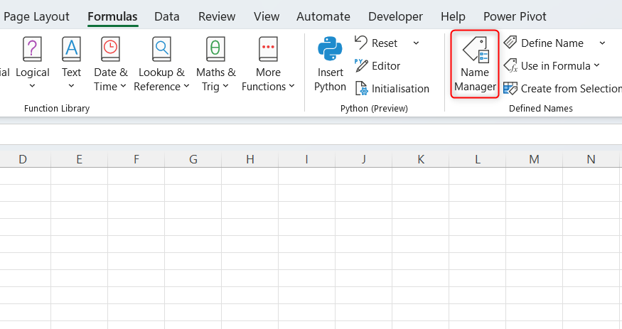 The Name Manager button in Excel's Formulas tab.