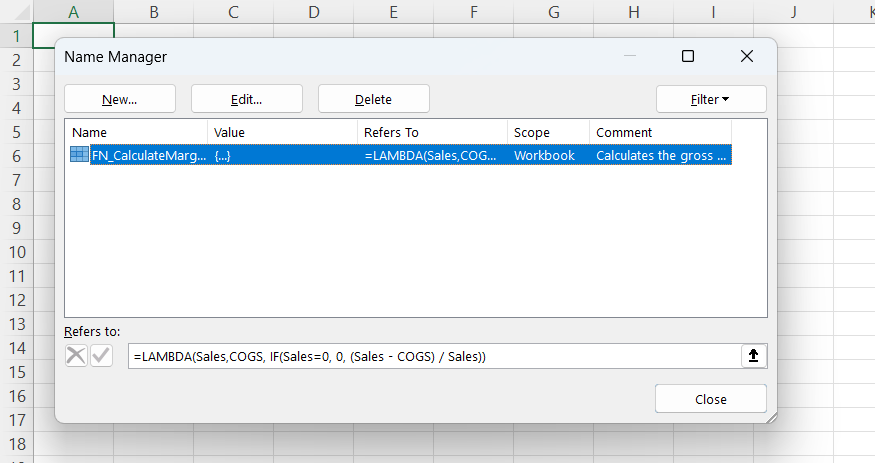The Name Manager in Excel with a custom LAMBDA function named CalculateMargin.