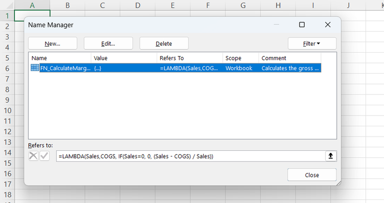 The Name Manager in Excel with a custom LAMBDA function named CalculateMargin.