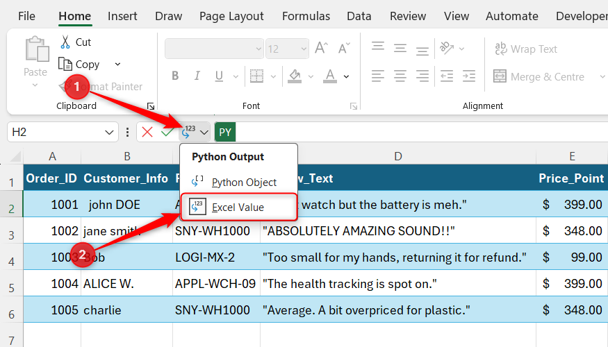 The output of a Python code in Excel is set as Excel Value in the drop-down menu to the left of a formula bar.