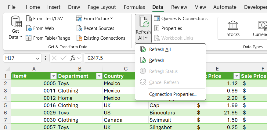 The Refresh drop-down menu in the Data tab on Excel's ribbon.
