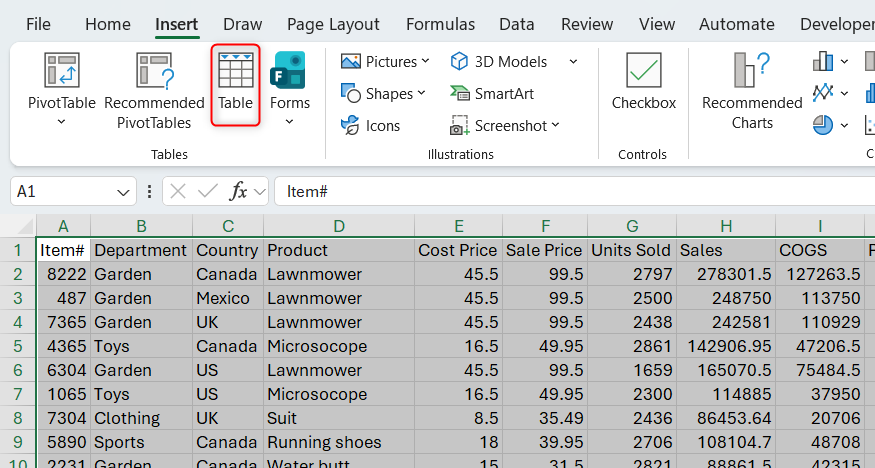 The Table button in the Tables group of Excel's Insert tab.