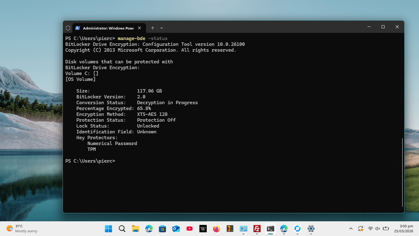 The terminal command shows the current status of BitLocker encryption.