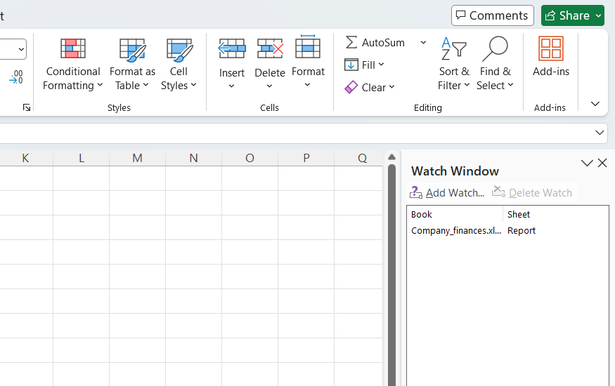 How to use Watch Window in Excel to track key formulas and their results
