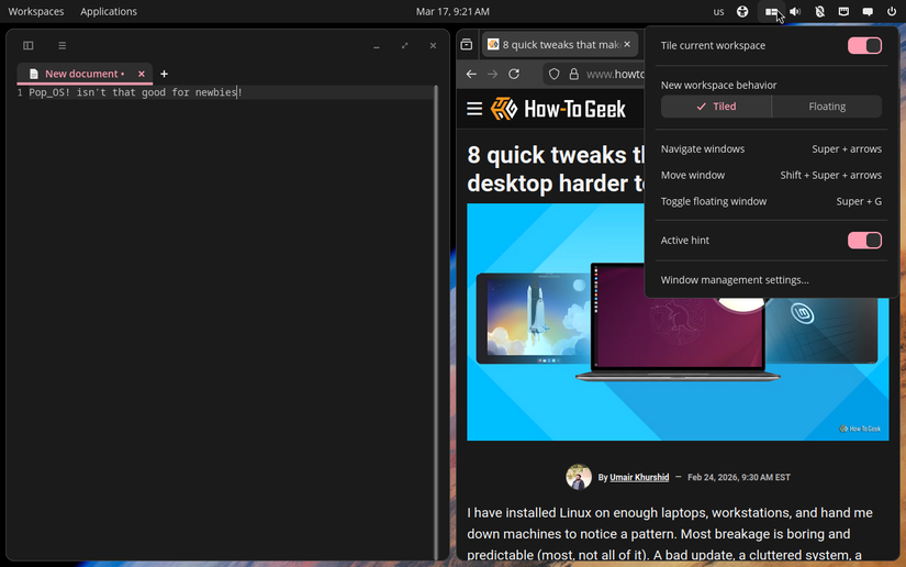 Pop!_OSのタイリングウィンドウマネージャーの画面