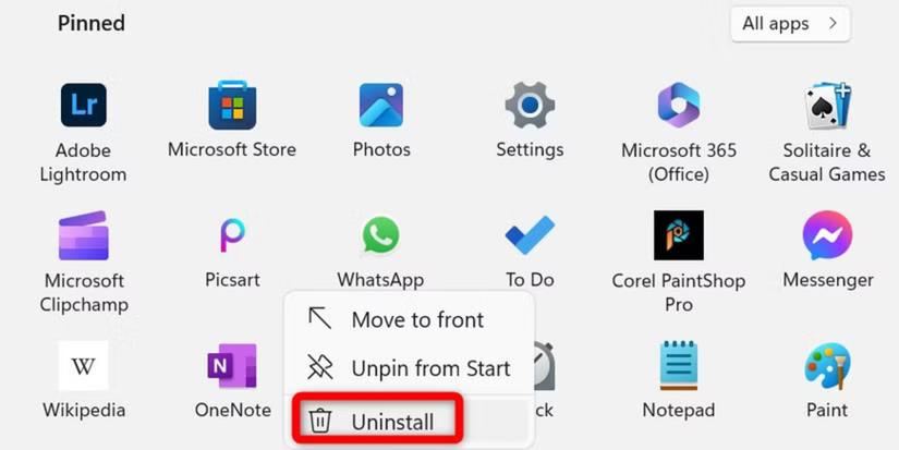 Uninstall a pinned app from the Start menu.