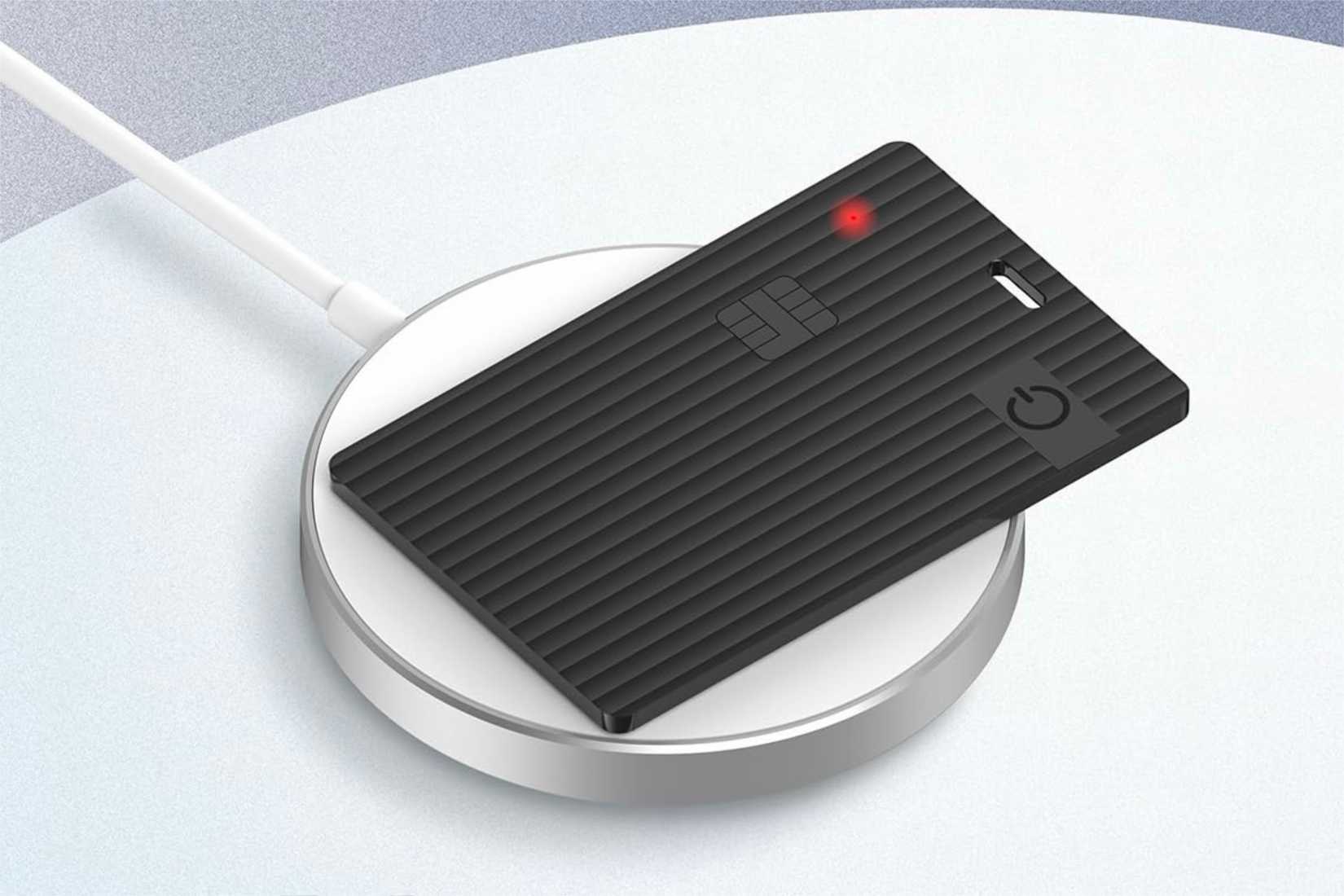 MSEBENT’s Slim Smart Tag Wallet Tracker Card on a charging pad.