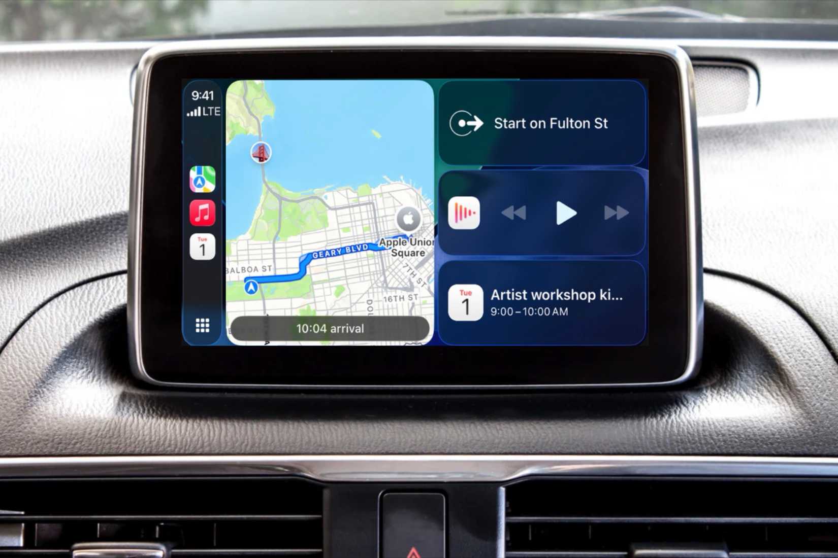 Maps app in CarPlay Dashboard with media controls and calendar reminders.