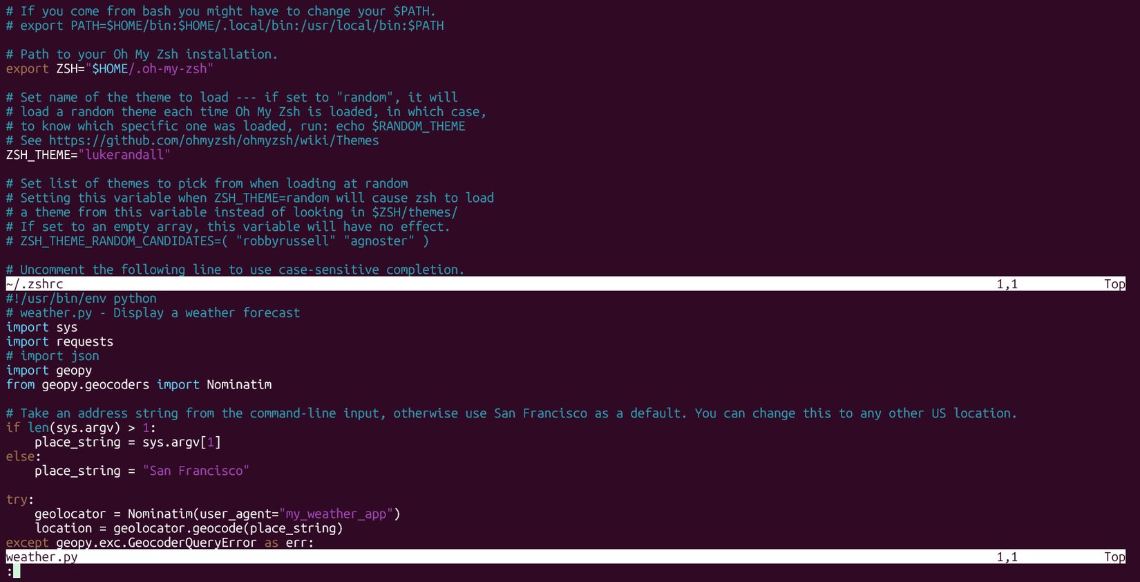 Vim editing windows with .zshrc on top and Python weather script on the bottom.