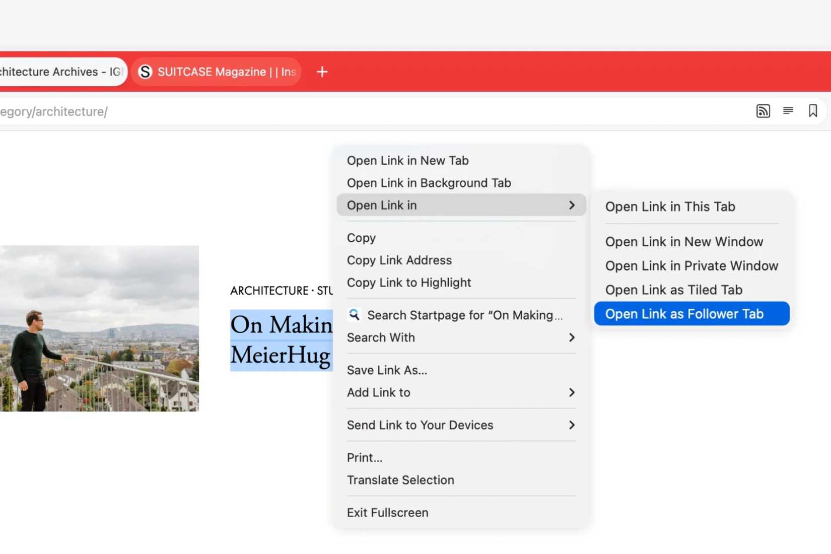 Follower tab showing a main page with linked tabs opened alongside it. 