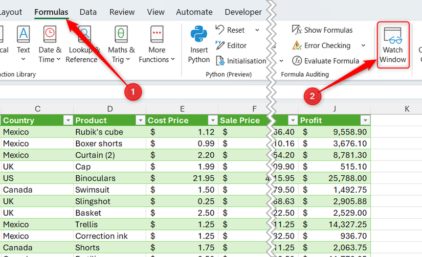 Watch Window in Excel's Formulas tab.