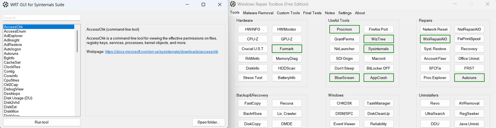 Windows Repair Toolbox running along with its Sysinternal GUI. 