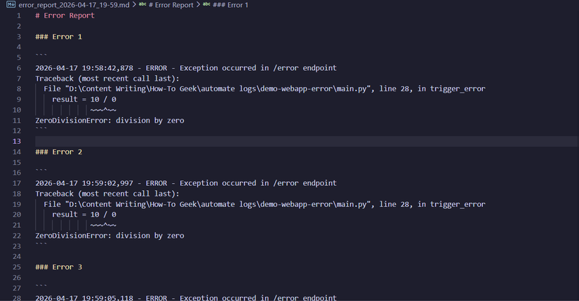 Markdown-файл с аккуратно оформленными ошибками, извлеченными из лога.