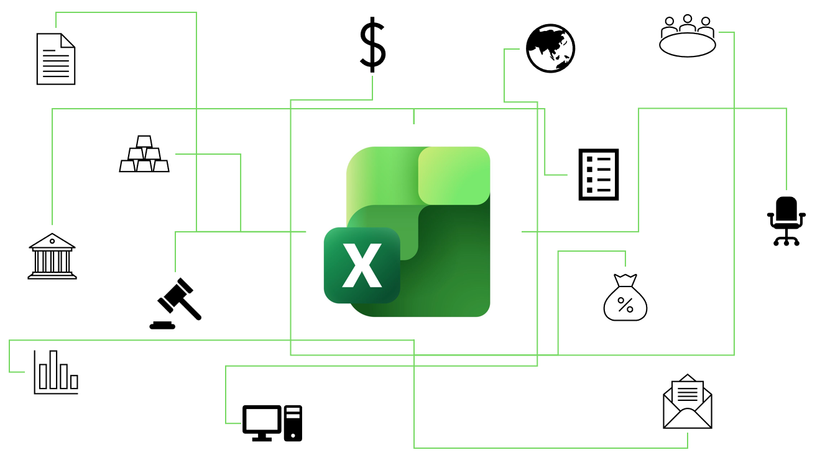 A conceptual infographic featuring the Microsoft Excel logo at the center of a web of green lines that connect the app to various business sectors.