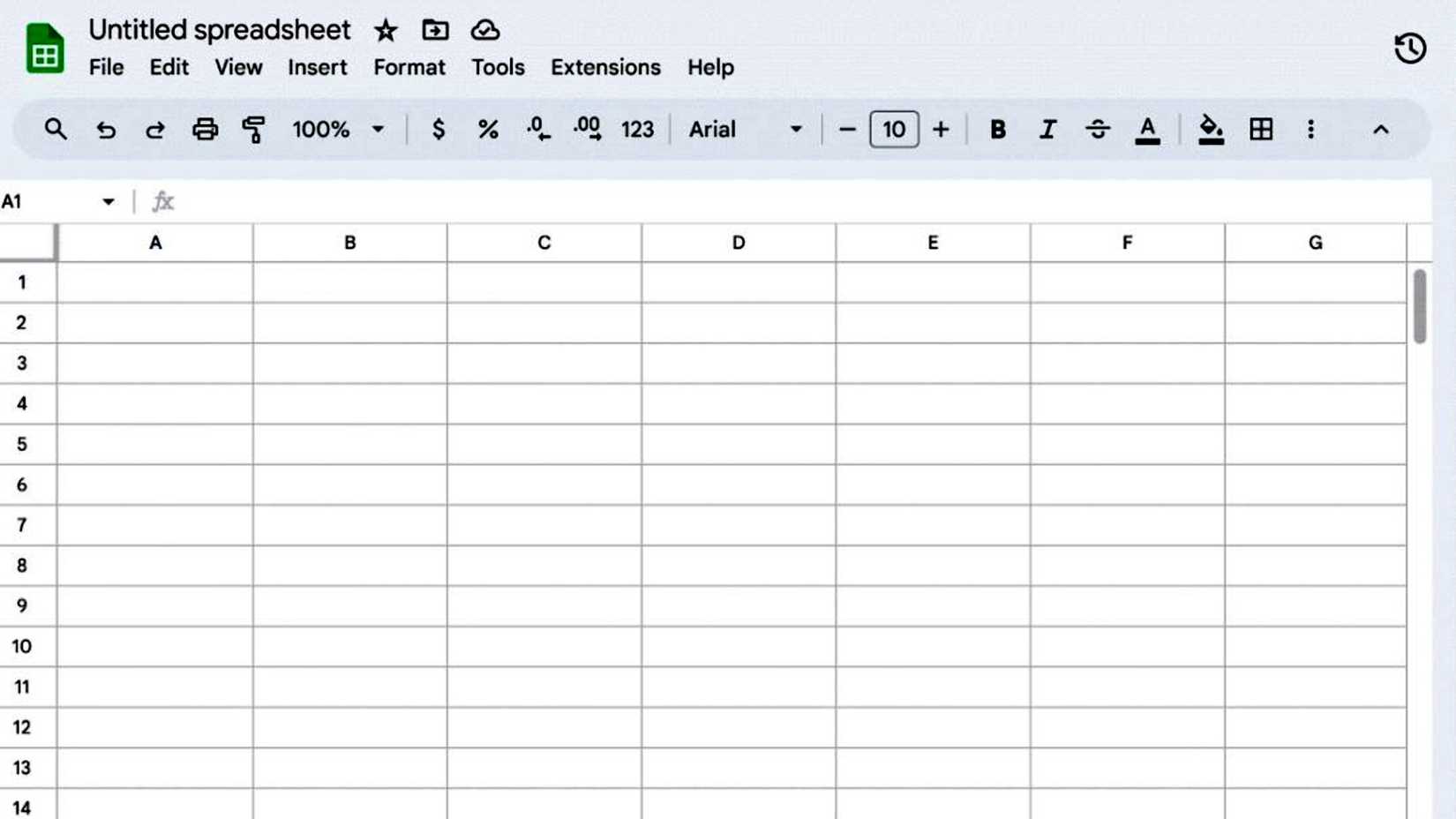 A google sheet with nothing in it