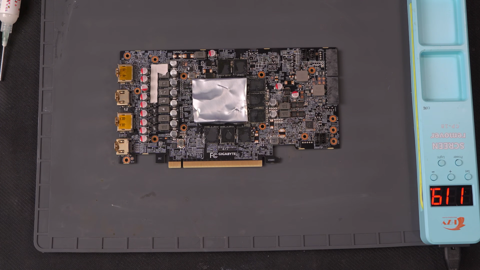 A graphics card PCB lying on a table