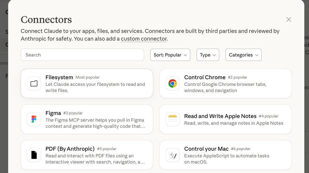 Available connectors in Claude that enable integration with external services