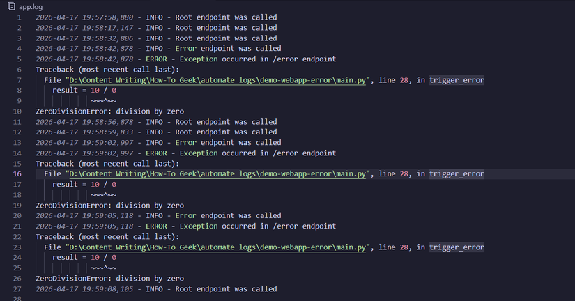 A log file showing different types of logs from a web application.