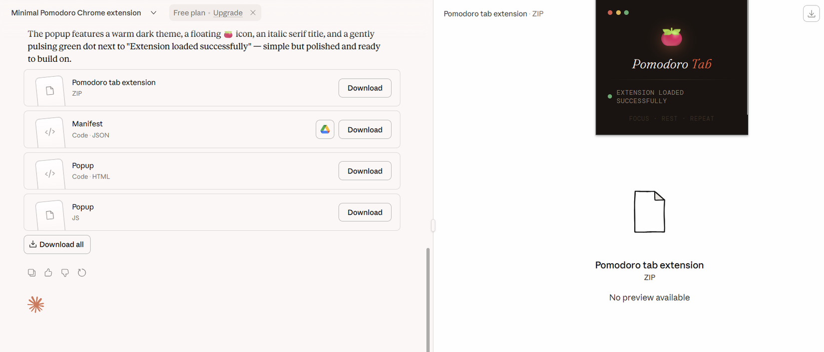 A minimal Chrome extension named Pomodoro Tab built with Claude.