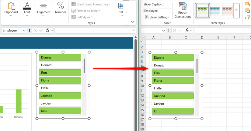 A slicer with a custom style is pasted into a new Excel workbook, and the style is displayed in the Slicer Styles gallery.