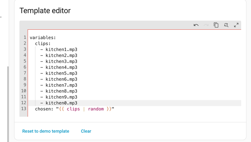 A template in Home Assistant showing the Jinja random filter.