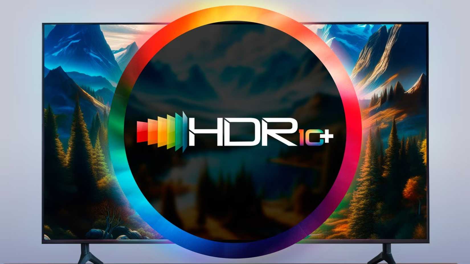 A TV and a color wheel in the center with the HDR10+ symbol.