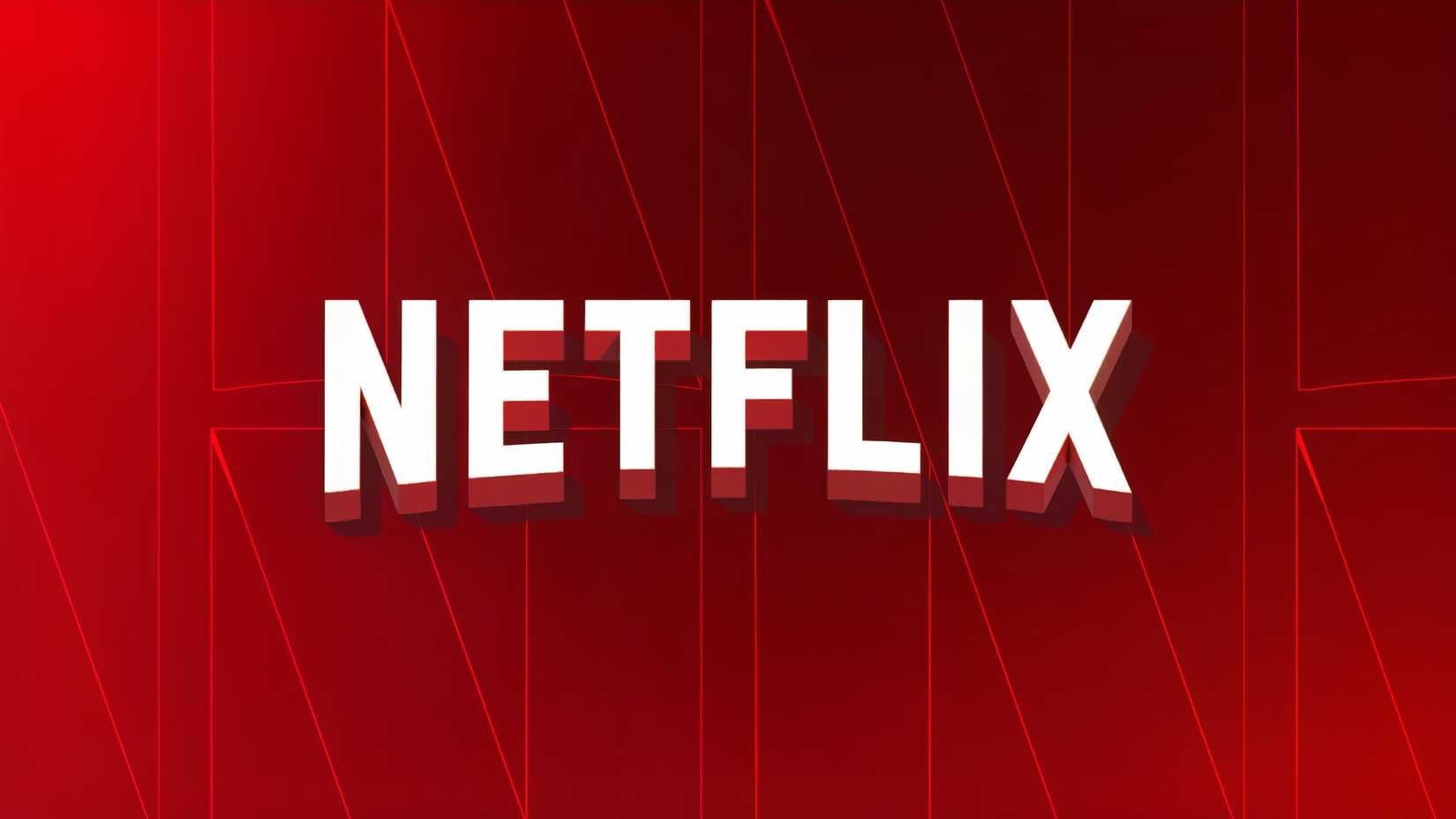 A white 3D Netflix logo centered on a dark red geometric background.