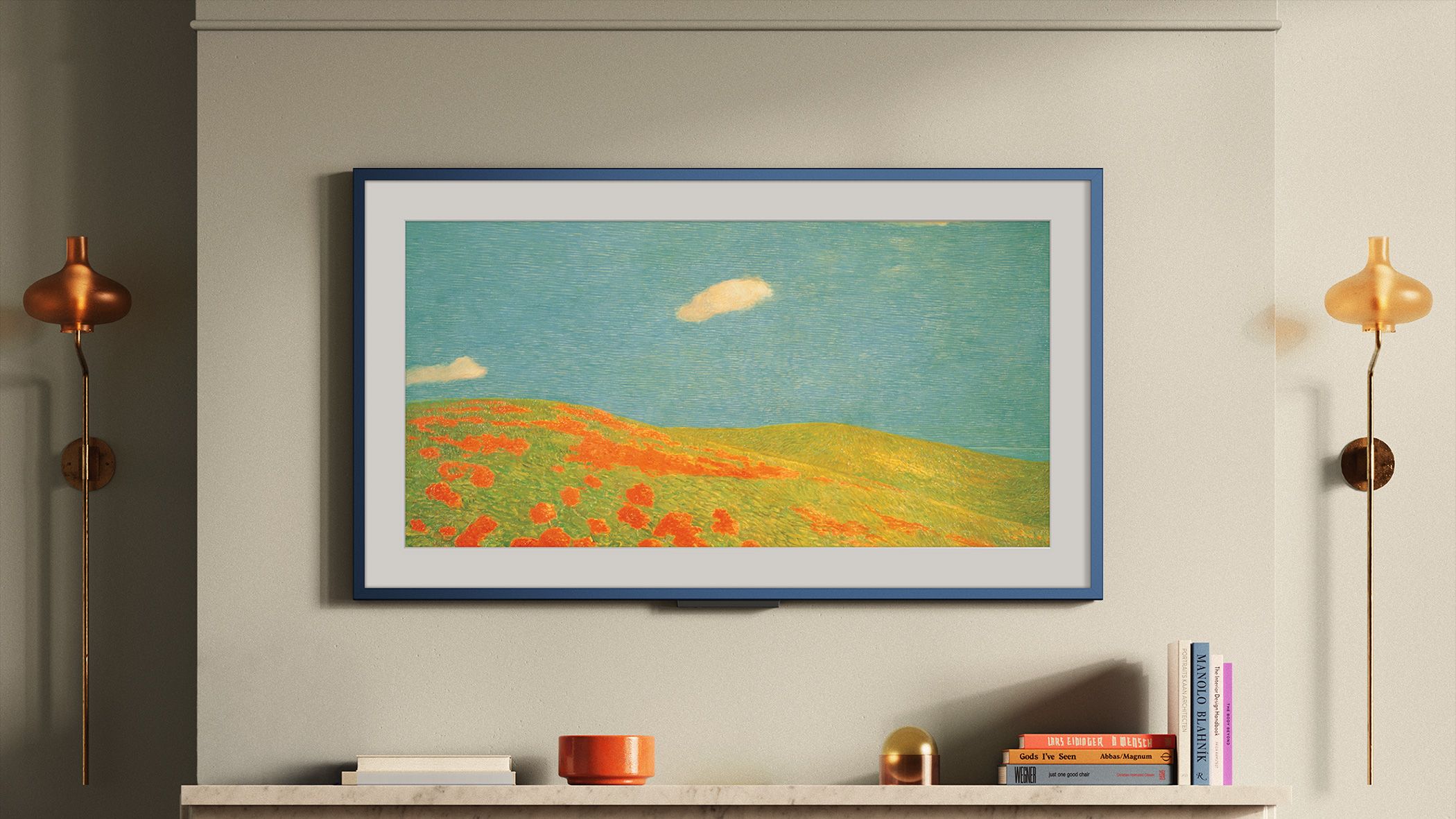 Amazon Ember Artline TV above a fireplace in a living room
