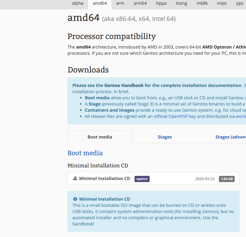 The amd64 minimal install boot media option on the Gentoo website
