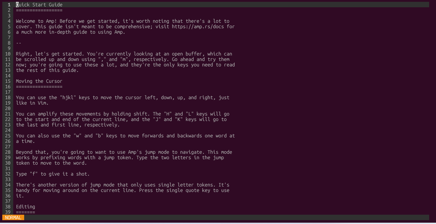 Amp editor in the terminal showing a quick start guide.