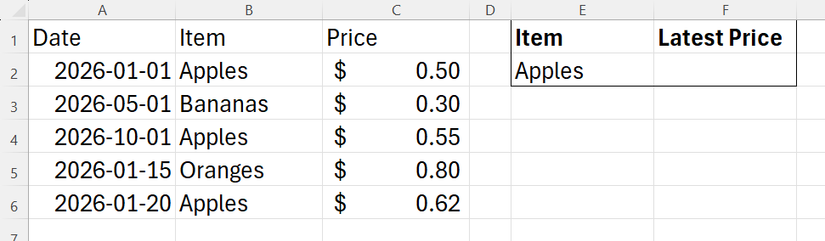 An Excel spreadsheet with an unformatted price list on the left and a lookup area on the right.
