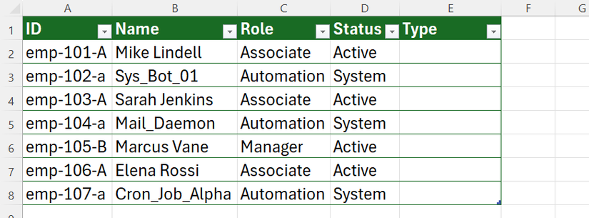An Excel table with IDs in column A, names in column B, roles in column C, statuses in column D, and a blank Type column in column E.