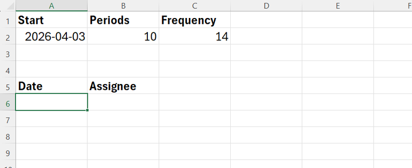 An Excel worksheet with a start date in cell A2, periods in cell B2, and frequency in cell C2, with an area below where SEQUENCE will produce a list.