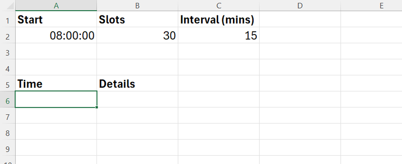 An Excel worksheet with a start time in cell A2, number of slots in cell B2, and interval in cell C2, with an area below where SEQUENCE will produce a list.