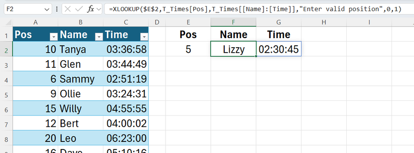 An XLOOKUP formula used in Excel to extract a name and time based on a position in cell E2.
