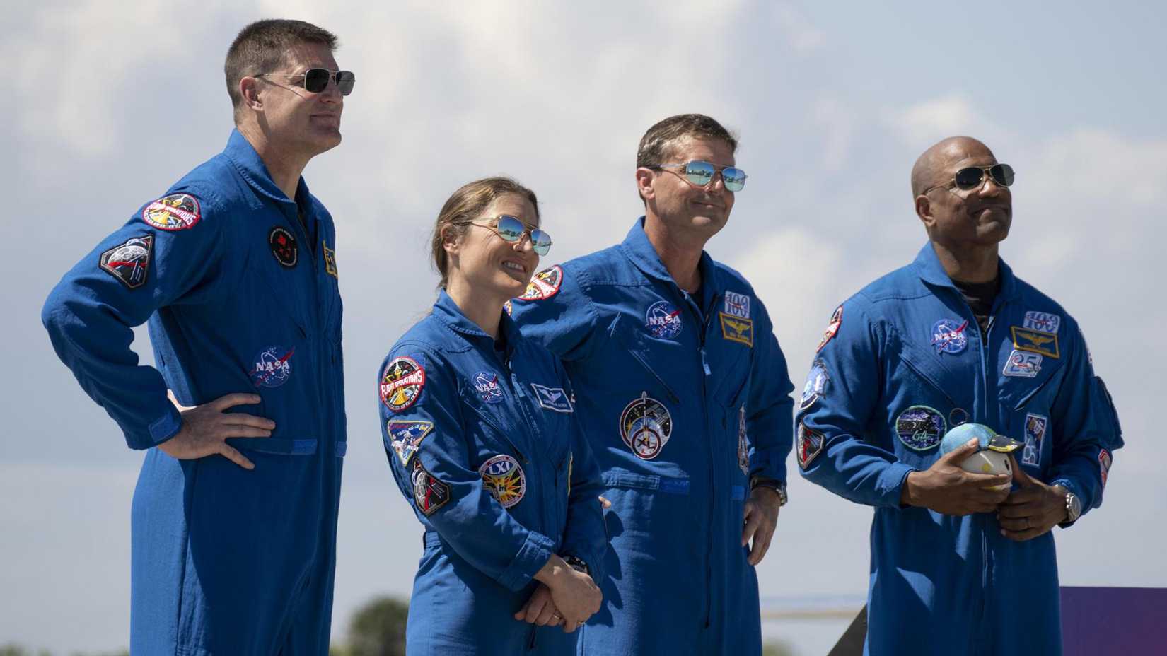Artemis II crew members Jeremy Hansen, Christina Koch, Reid Weisman, and Victor Glover.