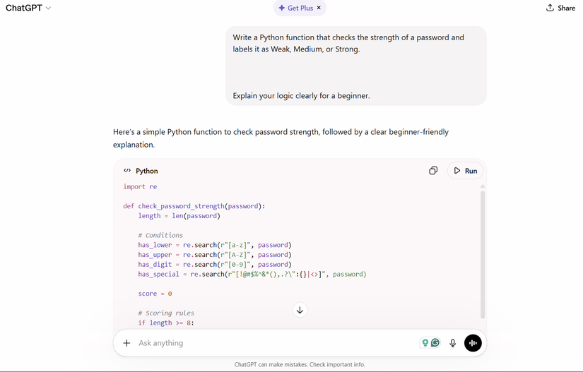 Asking ChatGPT to make a password strength checker in Python.