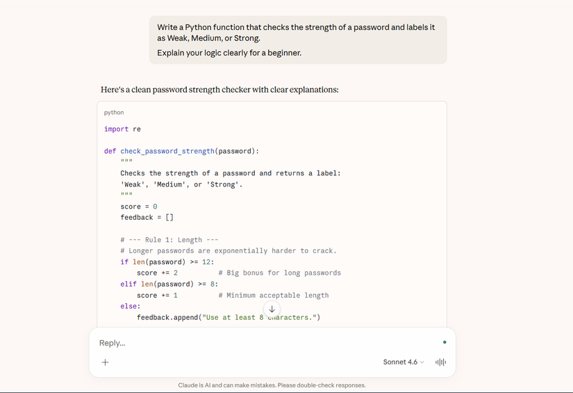 Asking Claude to make a password strength checker in Python.