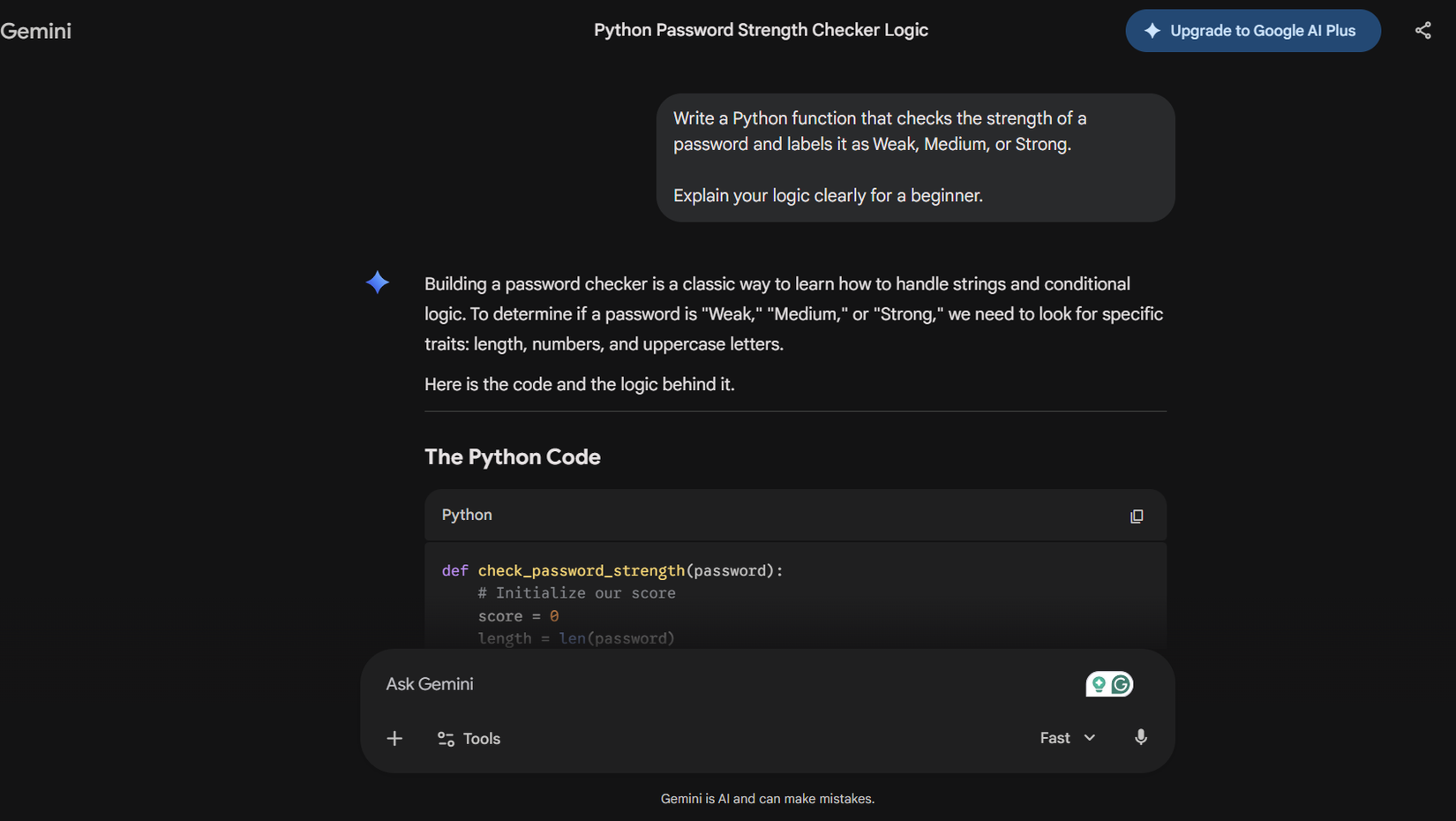 Asking Gemini to make a password strength checker in Python.