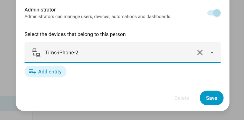 Assigning a Wi-Fi presence beacon to a person in Home Assistant settings.