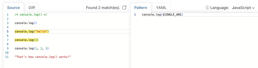 The ast-grep playground showing a search for calls to console.log with an argument, using a metavar.