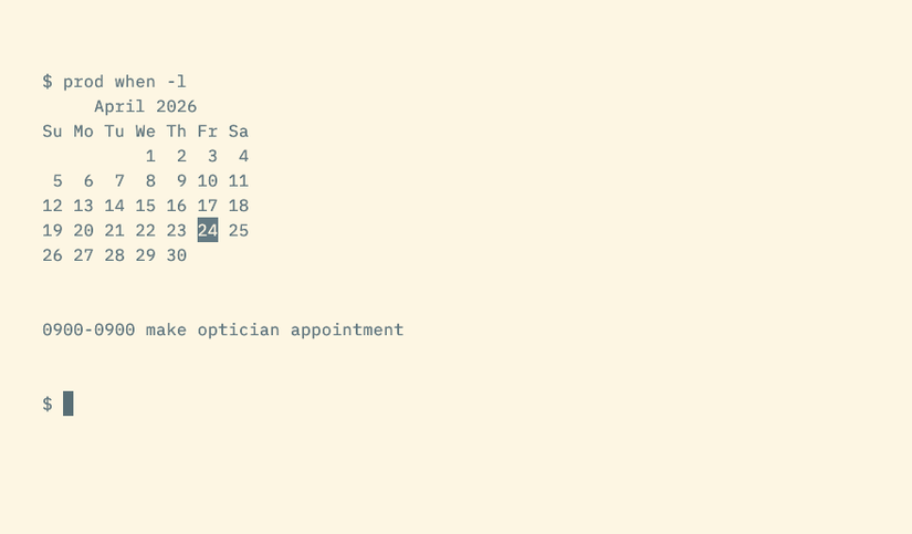 The when subcommand with the -l option to show the next event which is displayed underneath a calendar-style table of dates, with one selected.
