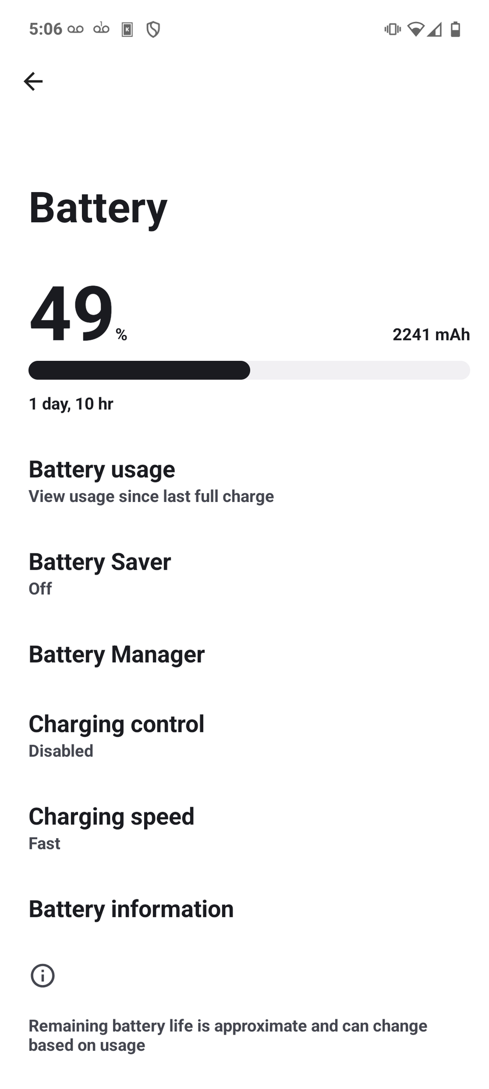 Battery life settings page on a Murena Fairphone 6.