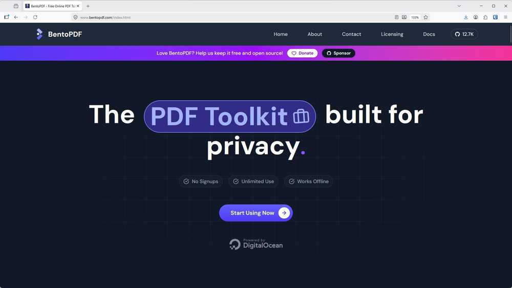 BentoPDF's landing page emphasizes privacy-first PDF handling