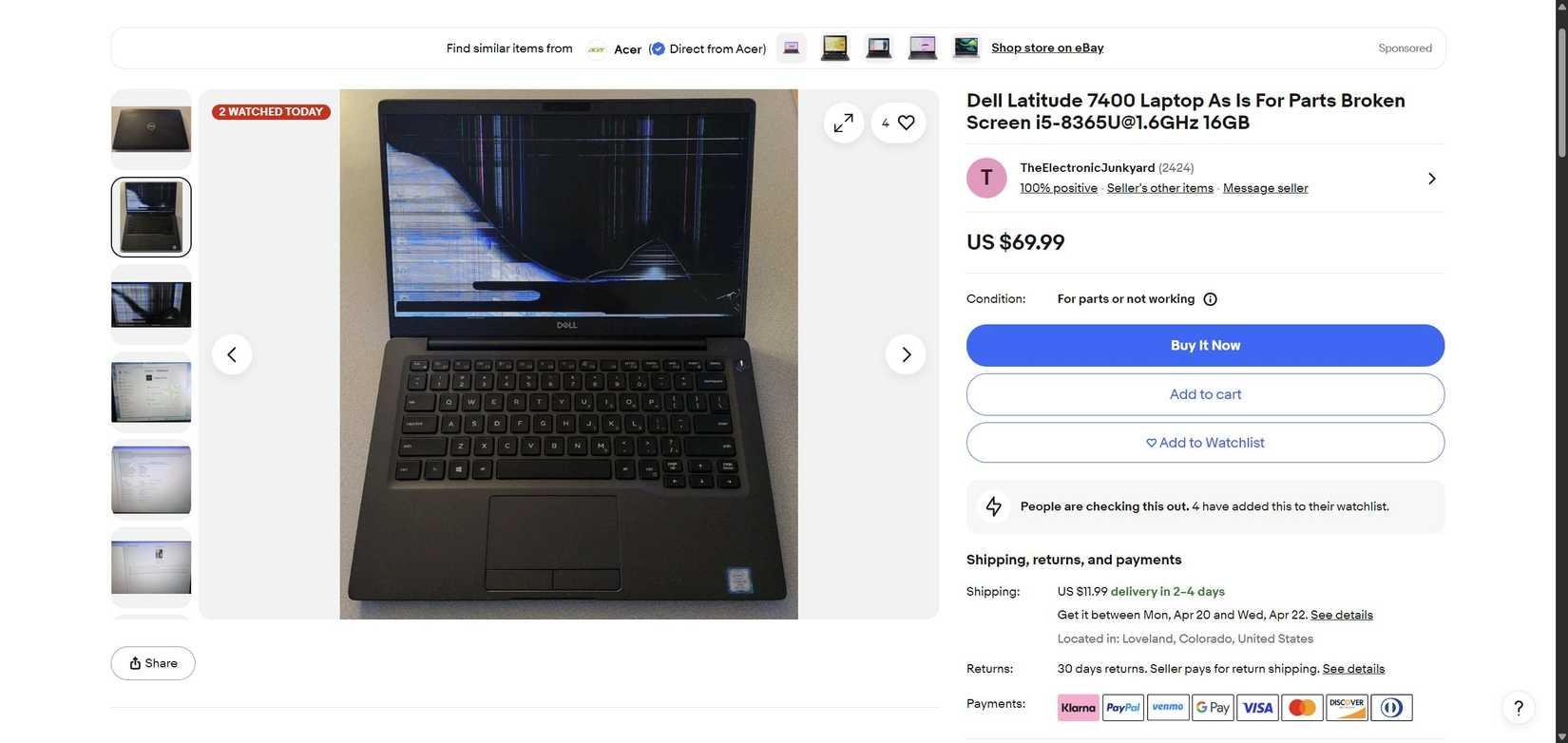 Una computadora portátil rota en eBay.