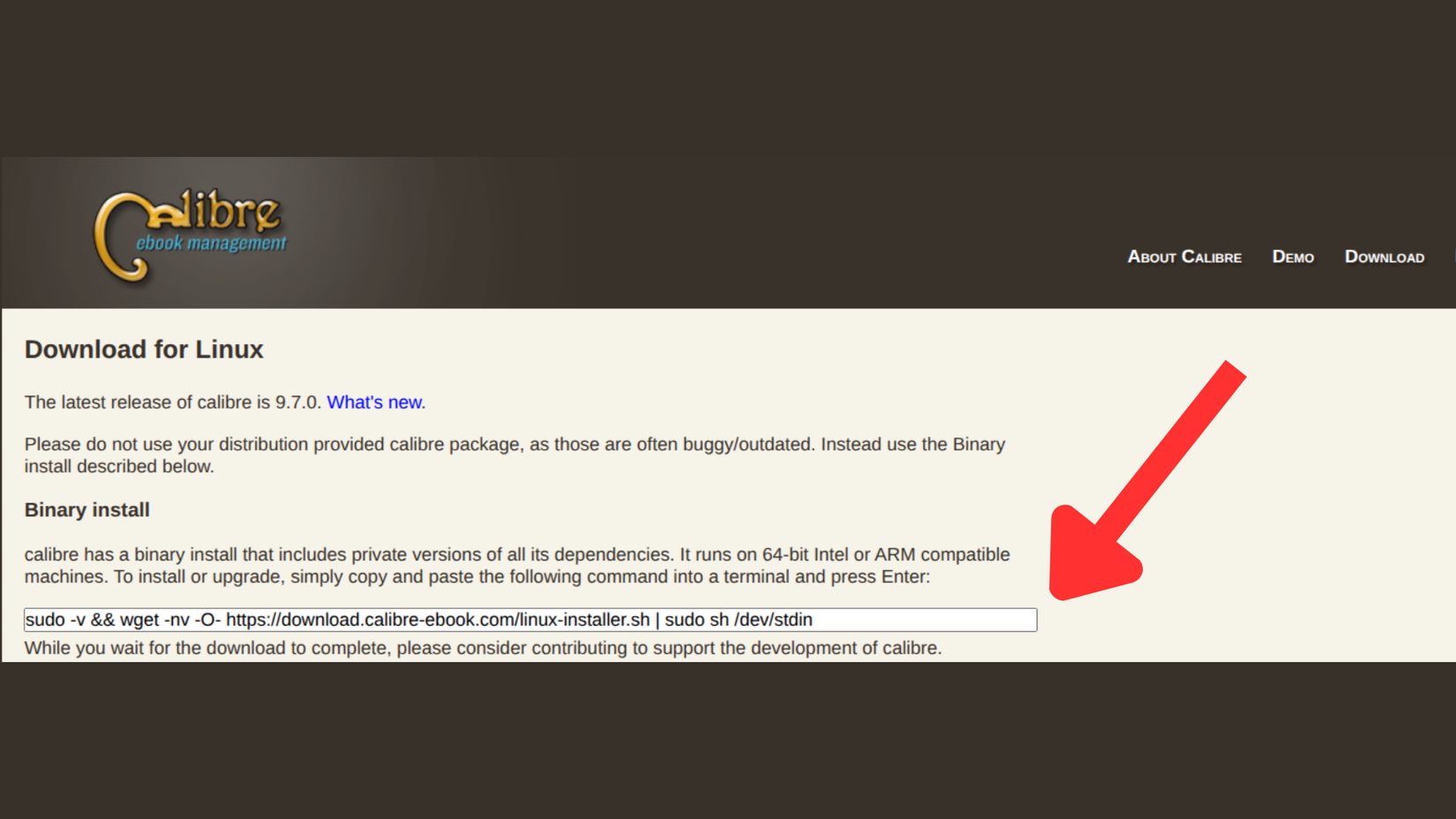 The installation page showing the terminal code for downloading and installing Calibre