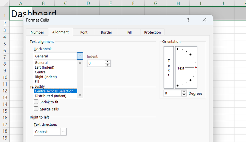 Center Across Selection in the Horizontal drop-down menu of the Format Cells dialog box in Excel.