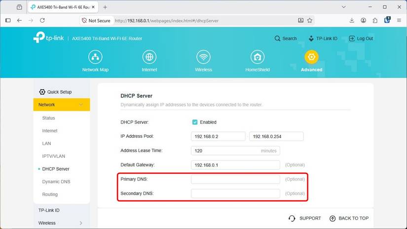 Changing the network-wide DNS server on a TP-Link router. 